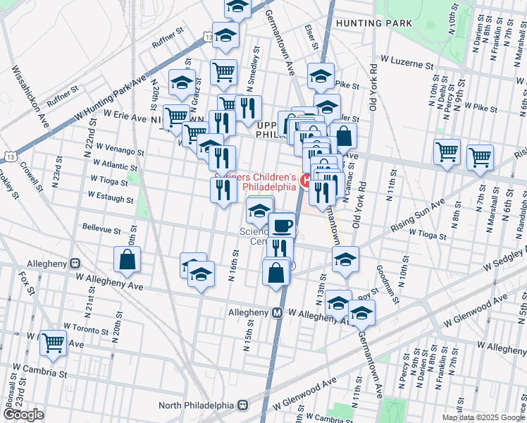 map of restaurants, bars, coffee shops, grocery stores, and more near 1506 West Tioga Street in Philadelphia