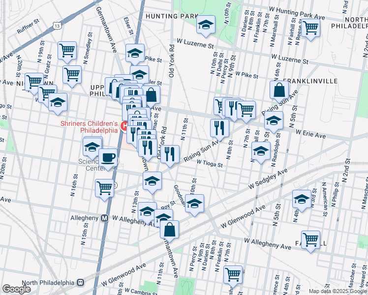 map of restaurants, bars, coffee shops, grocery stores, and more near 3533 North 11th Street in Philadelphia