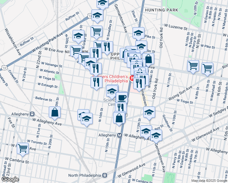 map of restaurants, bars, coffee shops, grocery stores, and more near 1506 West Tioga Street in Philadelphia