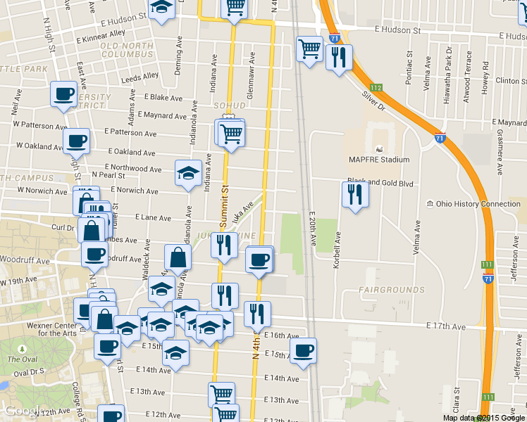 map of restaurants, bars, coffee shops, grocery stores, and more near North 4th Street & East Norwich Avenue in Columbus