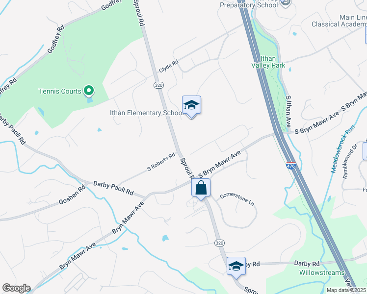 map of restaurants, bars, coffee shops, grocery stores, and more near 790 South Roberts Road in Bryn Mawr