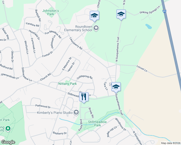map of restaurants, bars, coffee shops, grocery stores, and more near 506 Valley Road in York