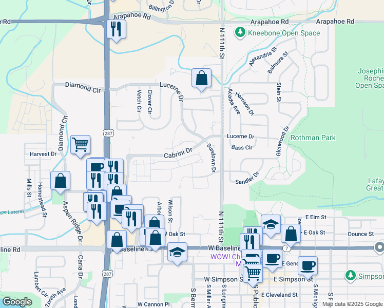 map of restaurants, bars, coffee shops, grocery stores, and more near 647 Amelia Lane in Lafayette