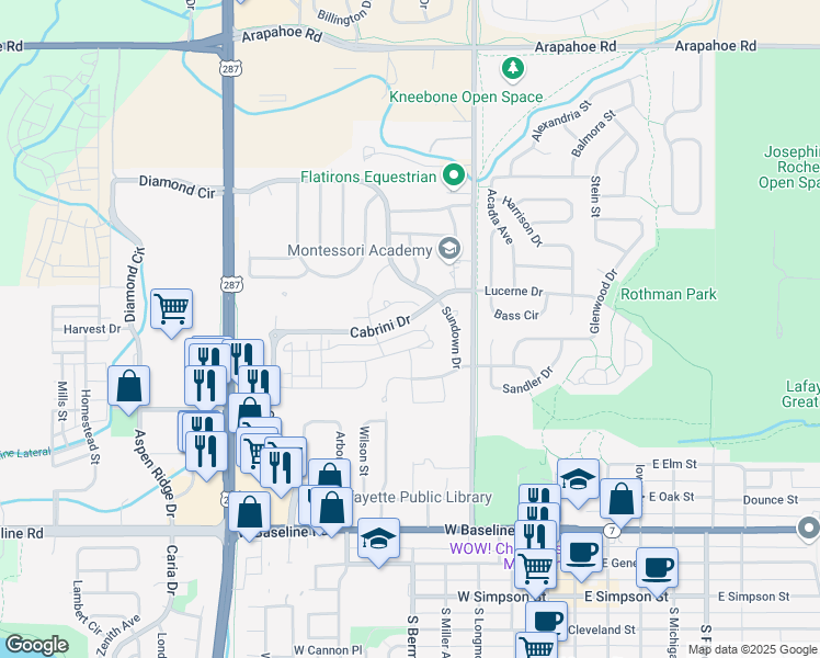 map of restaurants, bars, coffee shops, grocery stores, and more near 647 Amelia Lane in Lafayette