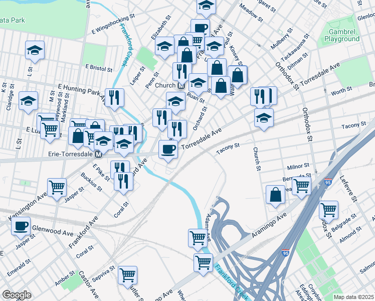 map of restaurants, bars, coffee shops, grocery stores, and more near 4165 Torresdale Ave in Philadelphia