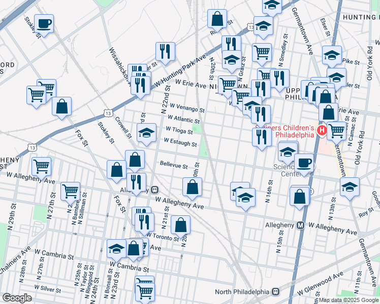 map of restaurants, bars, coffee shops, grocery stores, and more near 2023 West Ontario Street in Philadelphia