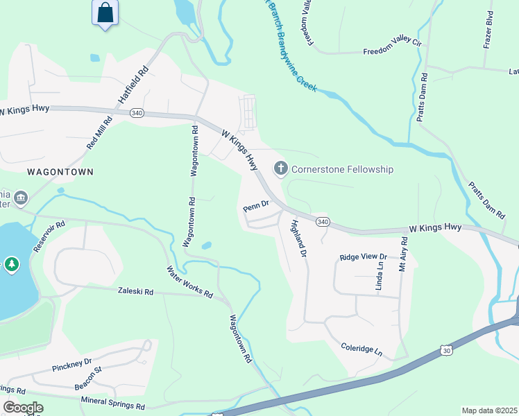 map of restaurants, bars, coffee shops, grocery stores, and more near 111 Penn Drive in Coatesville