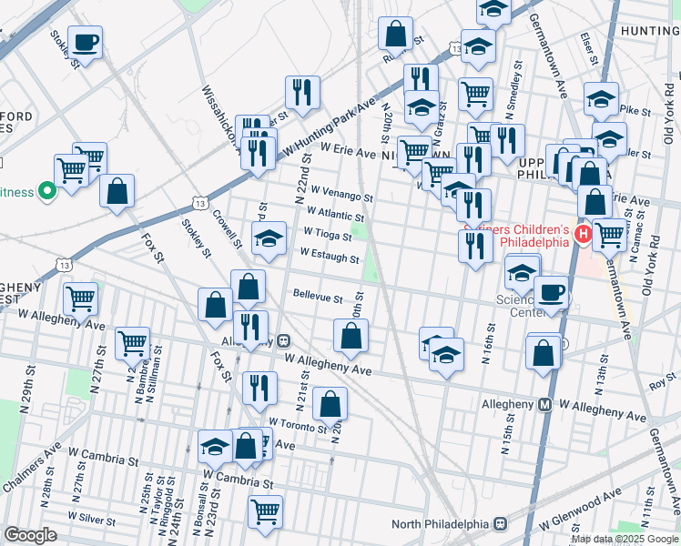 map of restaurants, bars, coffee shops, grocery stores, and more near 2031 West Ontario Street in Philadelphia