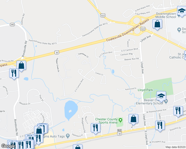 map of restaurants, bars, coffee shops, grocery stores, and more near 176 Chester Court in Downingtown