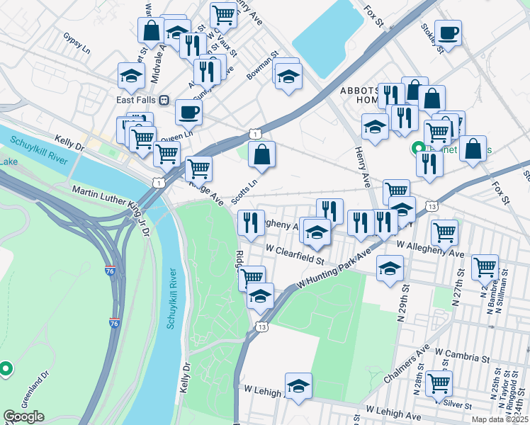 map of restaurants, bars, coffee shops, grocery stores, and more near 3205 North 35th Street in Philadelphia
