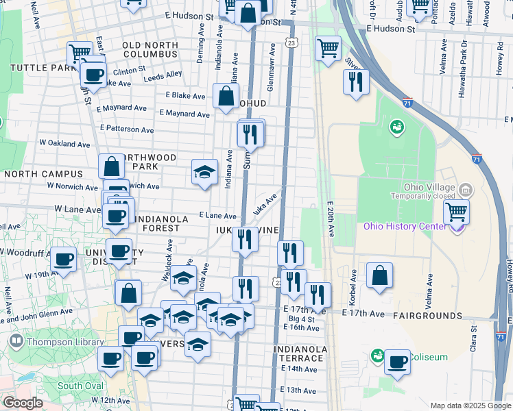 map of restaurants, bars, coffee shops, grocery stores, and more near 2121 Iuka Avenue in Columbus