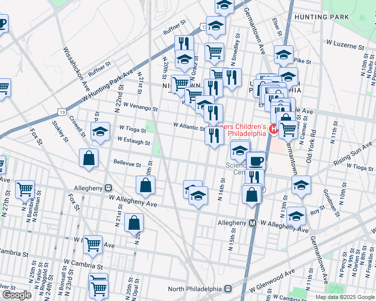 map of restaurants, bars, coffee shops, grocery stores, and more near 3434 North 18th Street in Philadelphia