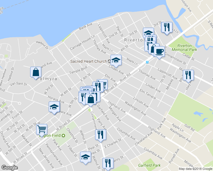 map of restaurants, bars, coffee shops, grocery stores, and more near 523 Maple Avenue in Palmyra