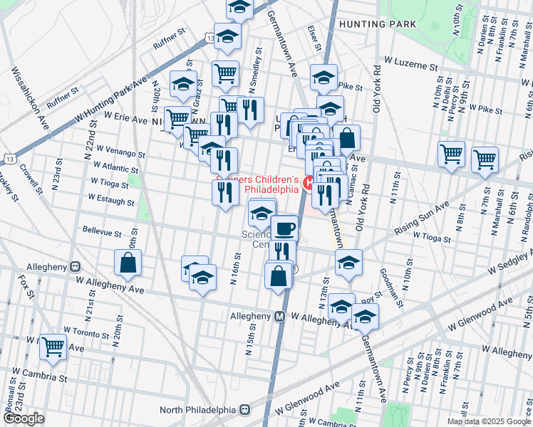map of restaurants, bars, coffee shops, grocery stores, and more near 1526 West Tioga Street in Philadelphia