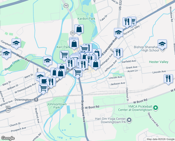 map of restaurants, bars, coffee shops, grocery stores, and more near 6 Wood Alley in Downingtown