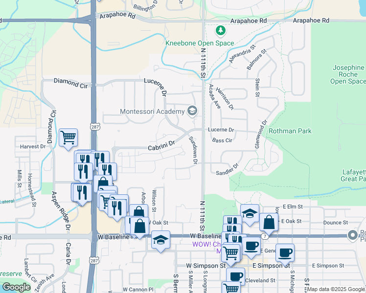 map of restaurants, bars, coffee shops, grocery stores, and more near 619 Siena Court in Lafayette