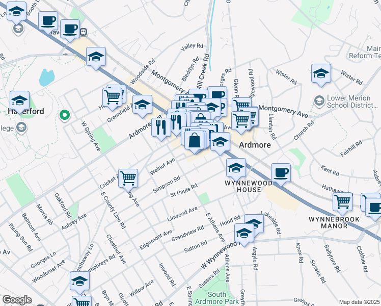 map of restaurants, bars, coffee shops, grocery stores, and more near 25 South Cricket Terrace in Ardmore