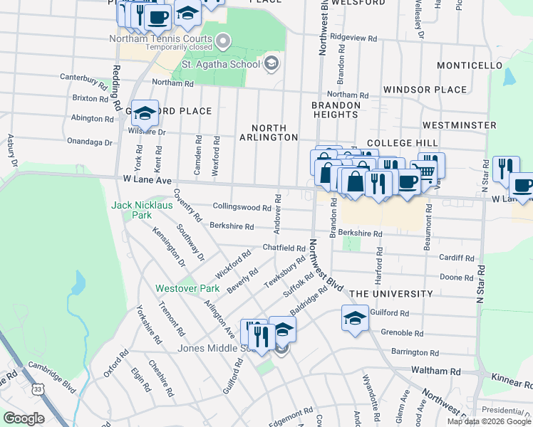 map of restaurants, bars, coffee shops, grocery stores, and more near 1905 Collingswood Road in Columbus