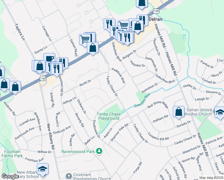 map of restaurants, bars, coffee shops, grocery stores, and more near 223 Tenby Chase Drive in Delran