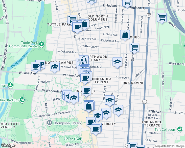 map of restaurants, bars, coffee shops, grocery stores, and more near 2154 Tuller Street in Columbus