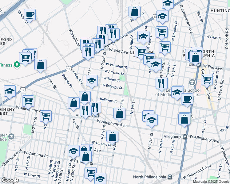 map of restaurants, bars, coffee shops, grocery stores, and more near 2037 West Ontario Street in Philadelphia