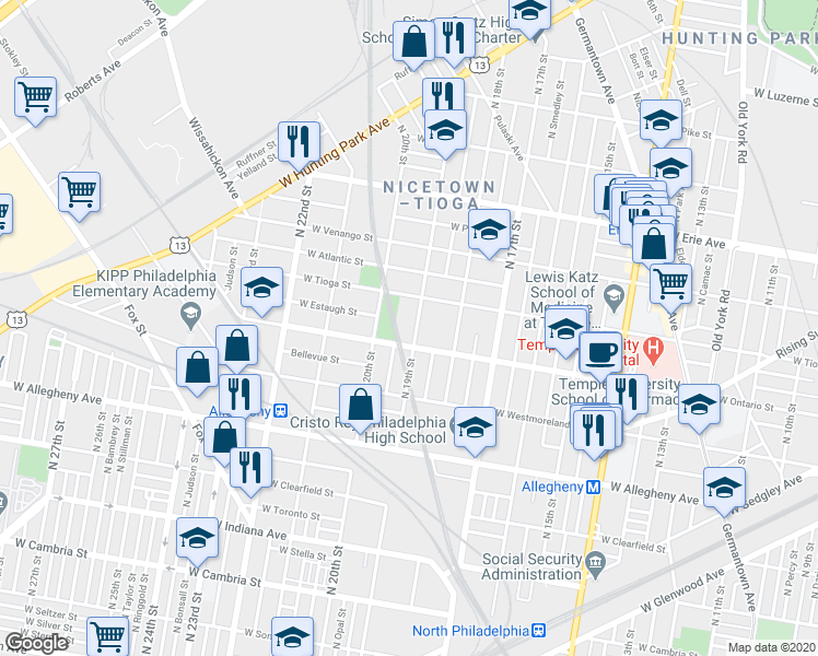 map of restaurants, bars, coffee shops, grocery stores, and more near 3408 N 19th St in Philadelphia