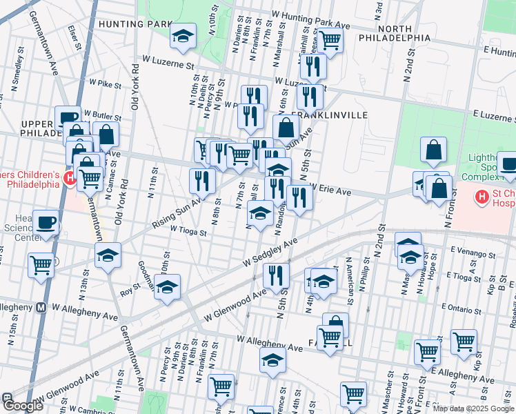map of restaurants, bars, coffee shops, grocery stores, and more near 613 West Venango Street in Philadelphia