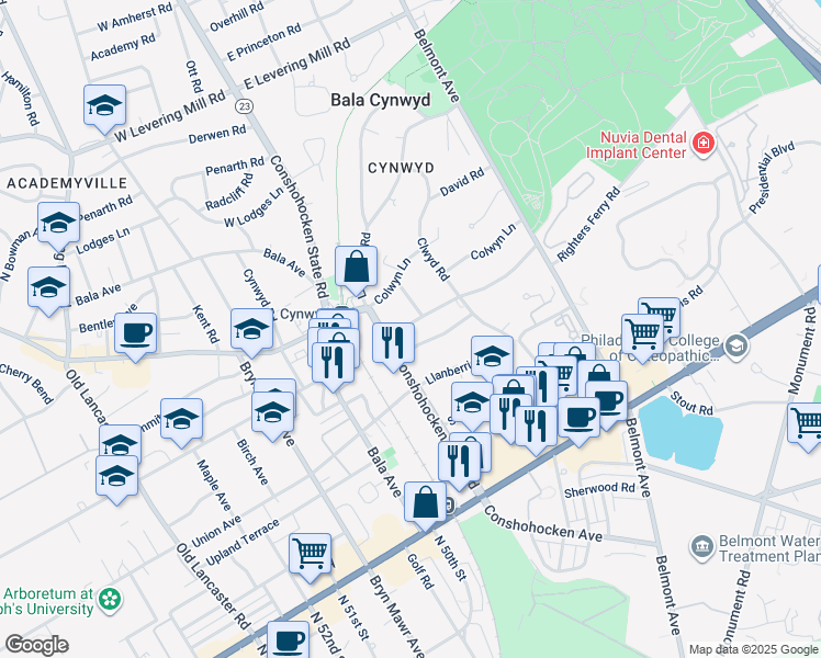 map of restaurants, bars, coffee shops, grocery stores, and more near 10 Righters Ferry Road in Bala Cynwyd
