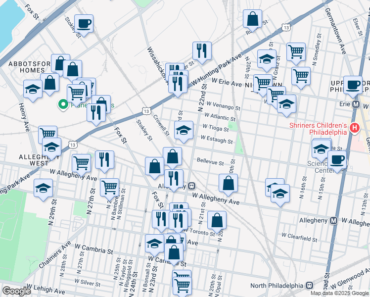 map of restaurants, bars, coffee shops, grocery stores, and more near 2236 West Ontario Street in Philadelphia