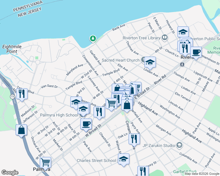 map of restaurants, bars, coffee shops, grocery stores, and more near 330 Cinnaminson Avenue in Palmyra