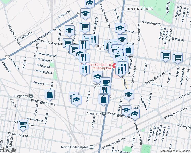 map of restaurants, bars, coffee shops, grocery stores, and more near 3448 North Sydenham Street in Philadelphia
