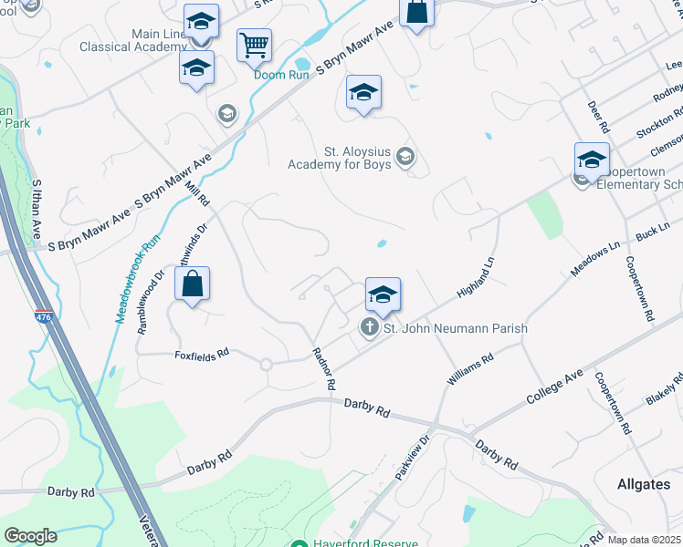map of restaurants, bars, coffee shops, grocery stores, and more near 10 Summit Drive in Bryn Mawr