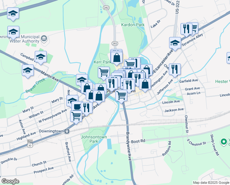 map of restaurants, bars, coffee shops, grocery stores, and more near 28 East Lancaster Avenue in Downingtown