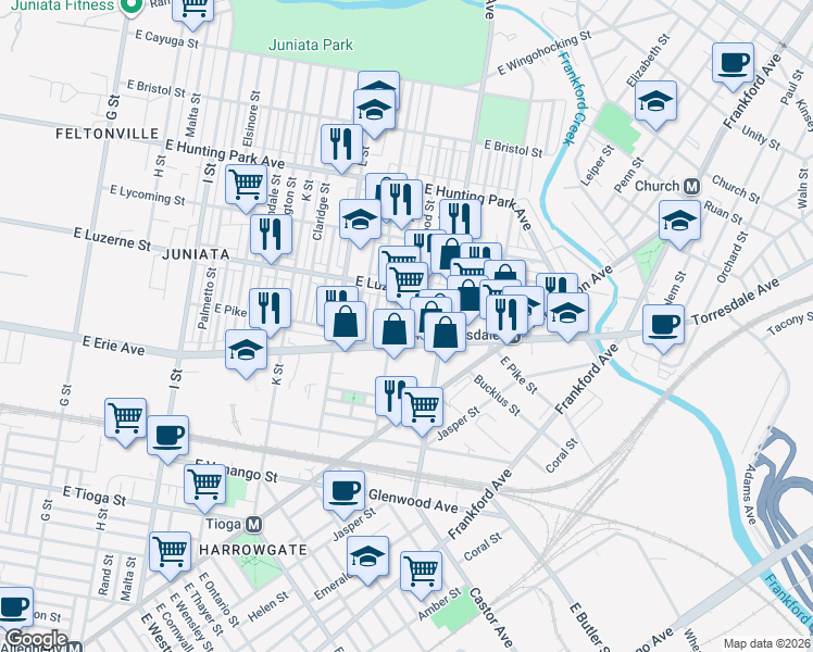 map of restaurants, bars, coffee shops, grocery stores, and more near 3901 M Street in Philadelphia