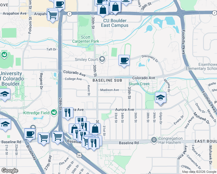 map of restaurants, bars, coffee shops, grocery stores, and more near 3161 Madison Avenue in Boulder