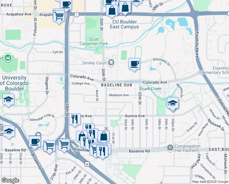 map of restaurants, bars, coffee shops, grocery stores, and more near 3161 Madison Avenue in Boulder