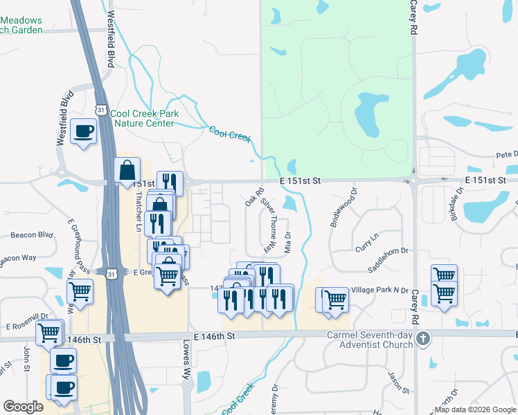 map of restaurants, bars, coffee shops, grocery stores, and more near 14970 Copper Tree Way in Carmel
