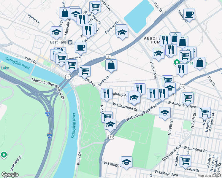 map of restaurants, bars, coffee shops, grocery stores, and more near 3205 North 35th Street in Philadelphia