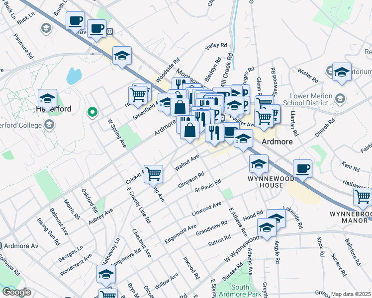 map of restaurants, bars, coffee shops, grocery stores, and more near 107 Cricket Avenue in Ardmore