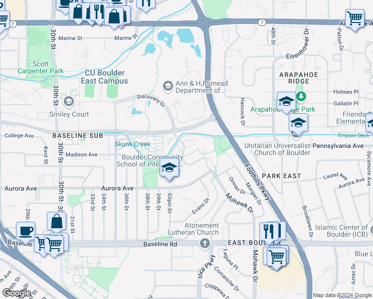 map of restaurants, bars, coffee shops, grocery stores, and more near 1110 Monroe Drive in Boulder