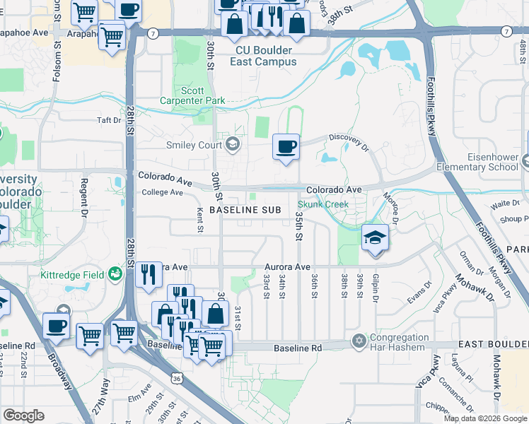 map of restaurants, bars, coffee shops, grocery stores, and more near 3293 Madison Avenue in Boulder