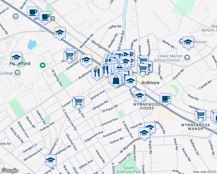 map of restaurants, bars, coffee shops, grocery stores, and more near 44 Walton Avenue in Ardmore