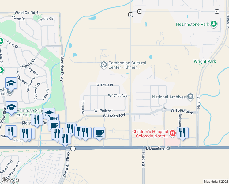 map of restaurants, bars, coffee shops, grocery stores, and more near 17142 Lexington Street in Broomfield