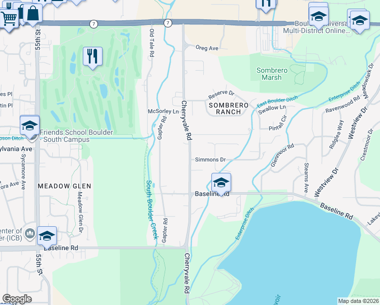 map of restaurants, bars, coffee shops, grocery stores, and more near 1087 Cherryvale Road in Boulder