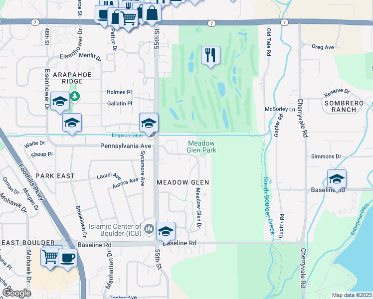 map of restaurants, bars, coffee shops, grocery stores, and more near 1062 Fairway Court in Boulder