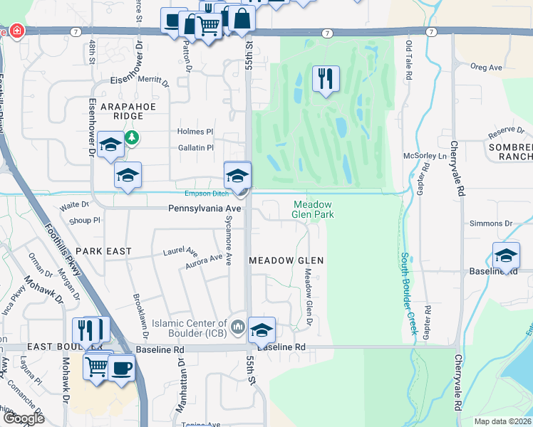 map of restaurants, bars, coffee shops, grocery stores, and more near 1098 Fairway Court in Boulder