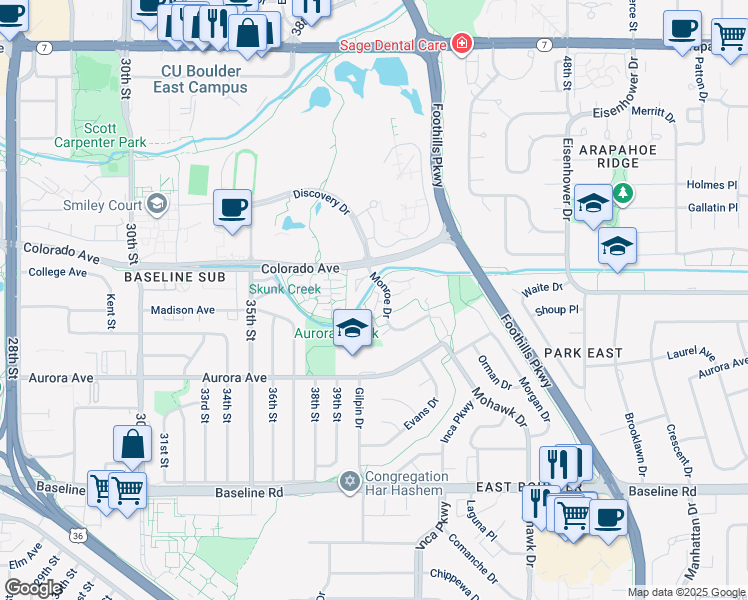 map of restaurants, bars, coffee shops, grocery stores, and more near 1141 Monroe Drive in Boulder