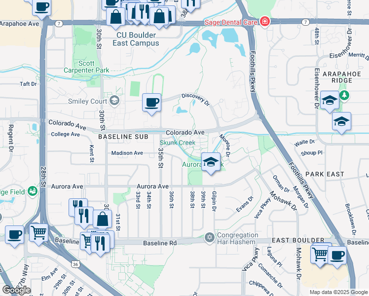 map of restaurants, bars, coffee shops, grocery stores, and more near 3790 Colorado Avenue in Boulder