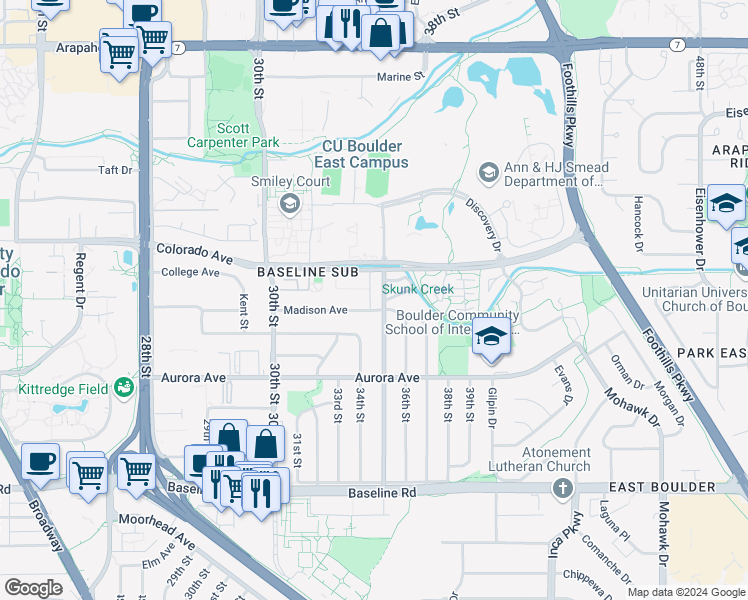 map of restaurants, bars, coffee shops, grocery stores, and more near 1135 35th Street in Boulder