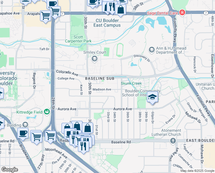 map of restaurants, bars, coffee shops, grocery stores, and more near 3293 Madison Avenue in Boulder